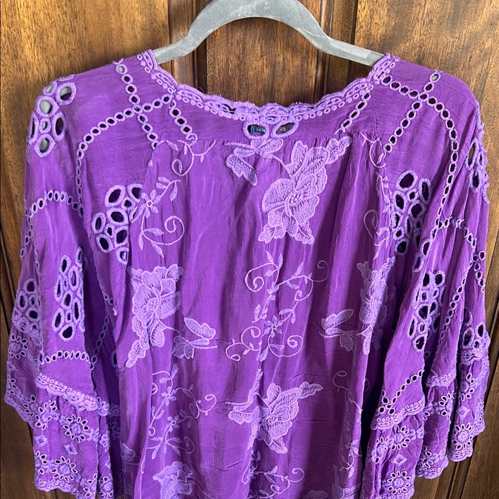 Johnny Was Purple Flutter Sleeve Blouse with Ruffled Details - Picture 7 of 7
